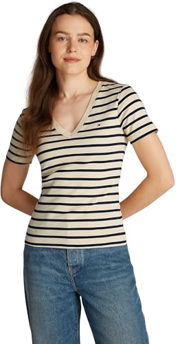 Tommy Hilfiger Damen T-Shirt Kurzarm New Slim Cody V-Ausschnitt, Mehrfarbig (Fine Stp Country Ivory/ Drk N Navy), XS von Tommy Hilfiger