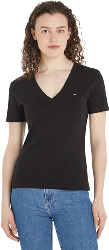 Tommy Hilfiger Damen T-Shirt Kurzarm New Slim Cody V-Ausschnitt, Schwarz (Black), XL von Tommy Hilfiger