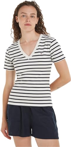 Tommy Hilfiger Damen T-Shirt Kurzarm New Slim Cody V-Neck V-Ausschnitt, Mehrfarbig (Breton Ecru/Desert Sky), M von Tommy Hilfiger