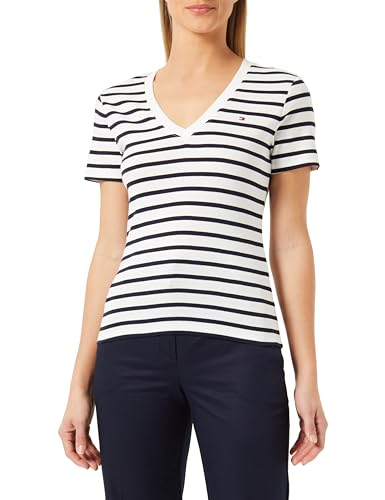 Tommy Hilfiger Damen T-Shirt Kurzarm New Slim Cody V-Neck V-Ausschnitt, Mehrfarbig (Breton Ecru/Desert Sky), XXXL von Tommy Hilfiger