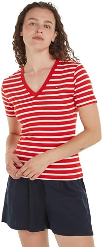 Tommy Hilfiger Damen T-Shirt Kurzarm New Slim Cody V-Neck V-Ausschnitt, Mehrfarbig (Breton Fierce Red/Ecru), L von Tommy Hilfiger