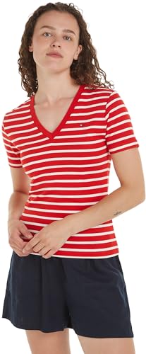 Tommy Hilfiger Damen T-Shirt Kurzarm New Slim Cody V-Neck V-Ausschnitt, Mehrfarbig (Breton Fierce Red/Ecru), XXL von Tommy Hilfiger