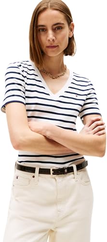 Tommy Hilfiger Damen T-Shirt Kurzarm New Slim Cody mit V-Ausschnitt, Mehrfarbig (Breton/ECU/Dark Night Navy), L von Tommy Hilfiger