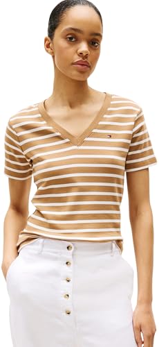 Tommy Hilfiger Damen T-Shirt Kurzarm New Slim Cody mit V-Ausschnitt, Mehrfarbig (Hickory/Ecru STP), 3XL von Tommy Hilfiger