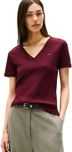 Tommy Hilfiger Damen T-Shirt Kurzarm New Slim Cody mit V-Ausschnitt, Rot (Deep Burgundy), M von Tommy Hilfiger