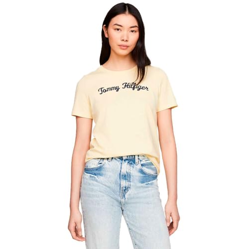Tommy Hilfiger Damen T-Shirt Kurzarm Regular Rundhalsausschnitt, Gelb (Lemon Zest), XS von Tommy Hilfiger