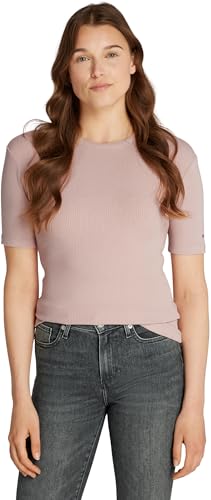 Tommy Hilfiger Damen T-Shirt Kurzarm Rib Rundhalsausschnitt, Rosa (Foggy Pink), M von Tommy Hilfiger