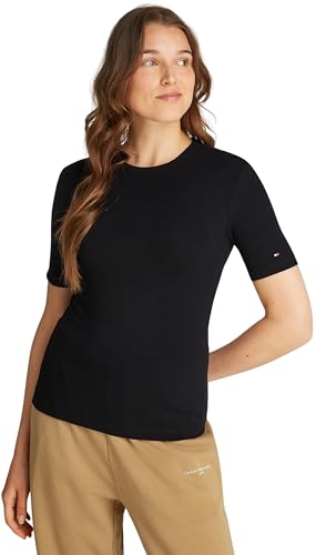 Tommy Hilfiger Damen T-Shirt Kurzarm Rib Rundhalsausschnitt, Schwarz (Black), M von Tommy Hilfiger