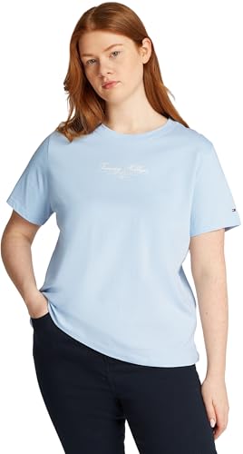 Tommy Hilfiger Damen T-Shirt Kurzarm Script Crew Neck Regular Fit, Blau (Breezy Blue), 48 von Tommy Hilfiger