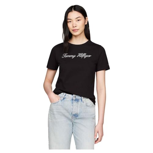 Tommy Hilfiger Damen T-Shirt Kurzarm Script Regular Rundhalsausschnitt, Schwarz (Nos Black), XS von Tommy Hilfiger