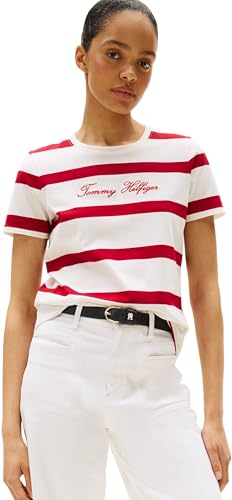 Tommy Hilfiger Damen T-Shirt Kurzarm Script mit Rundhalsausschnitt, Mehrfarbig (Breton STP Iovry/Med Red), XXL von Tommy Hilfiger