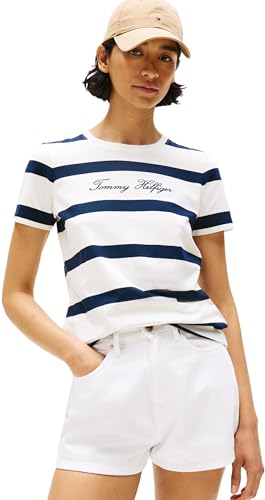 Tommy Hilfiger Damen T-Shirt Kurzarm Script mit Rundhalsausschnitt, Mehrfarbig (Wide Stp Ivory Silk / Dark Night), XS von Tommy Hilfiger
