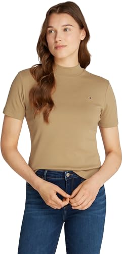 Tommy Hilfiger Damen T-Shirt Kurzarm Slim Cody Crop Mock-Kragen, Beige (Safari Canvas), XXL von Tommy Hilfiger