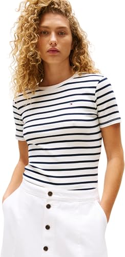 Tommy Hilfiger Damen T-Shirt Kurzarm Slim Cody Rundhalsausschnitt, Mehrfarbig (Breton/ECU/Dark Night Navy), XS von Tommy Hilfiger