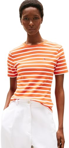 Tommy Hilfiger Damen T-Shirt Kurzarm Slim Cody Rundhalsausschnitt, Mehrfarbig (Classic Breton Orange/ECU), M von Tommy Hilfiger