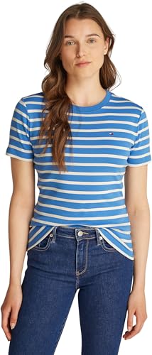 Tommy Hilfiger Damen T-Shirt Kurzarm Slim Cody Rundhalsausschnitt, Mehrfarbig (Fine Stp Blue Spell/ Ivory Petal), S von Tommy Hilfiger