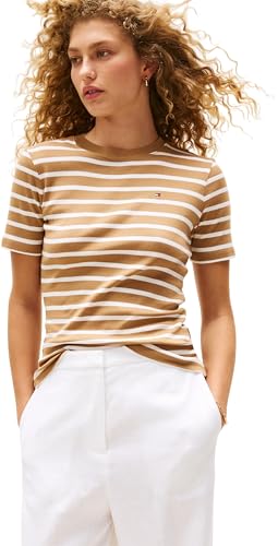 Tommy Hilfiger Damen T-Shirt Kurzarm Slim Cody Rundhalsausschnitt, Mehrfarbig (Hickory/Ecru STP), M von Tommy Hilfiger