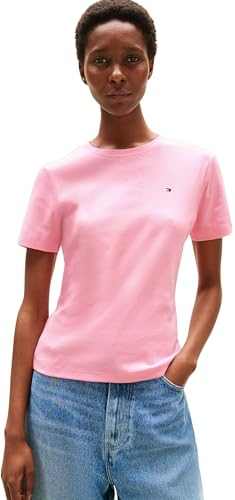 Tommy Hilfiger Damen T-Shirt Kurzarm Slim Cody Rundhalsausschnitt, Rosa (Classic Pink), XXL von Tommy Hilfiger