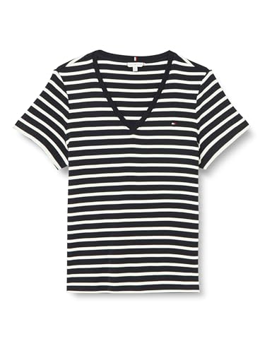 Tommy Hilfiger Damen T-Shirt Kurzarm Slim Cody V-Ausschnitt, Mehrfarbig (Breton Desert Sky/Ecru), 52 von Tommy Hilfiger