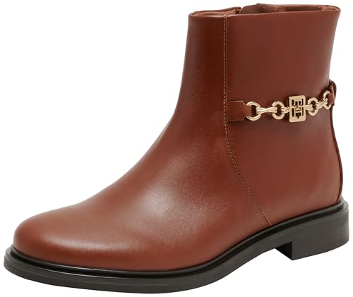 Tommy Hilfiger Damen Mid Boot Stiefel Chain Low Bootie aus Leder, Cognac Brown (Braun), 39 von Tommy Hilfiger