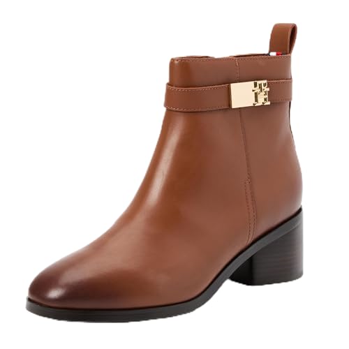 Tommy Hilfiger Damen Mid Boot Stiefel Mid Heel aus Leder, Cognac Brown (Braun), 38 von Tommy Hilfiger