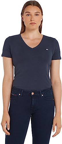 Tommy Jeans Damen T-Shirt Kurzarm TJW Skinny V-Ausschnitt, Blau (Twilight Navy), S von Tommy Hilfiger