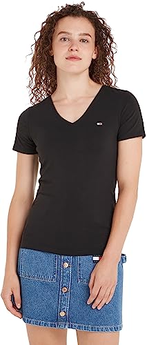 Tommy Jeans Damen T-Shirt Kurzarm TJW Skinny V-Ausschnitt, Schwarz (Black), XS von Tommy Hilfiger