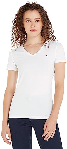 Tommy Jeans Damen T-Shirt Kurzarm TJW Skinny V-Ausschnitt, Weiß (White), L von Tommy Hilfiger