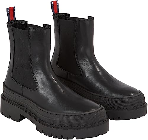 Tommy Jeans Damen Mid Boot Stiefel Chelsea Foxing aus Leder, Schwarz (Black), 36 von Tommy Jeans