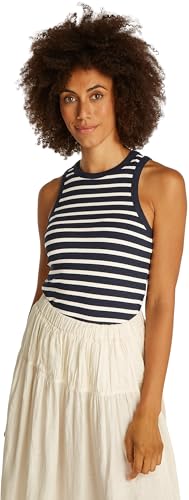 Tommy Hilfiger Damen Top Slim Rib Tank Top mit Stretch, Mehrfarbig (Dark Night Navy/Ecru STP), XXL von Tommy Hilfiger