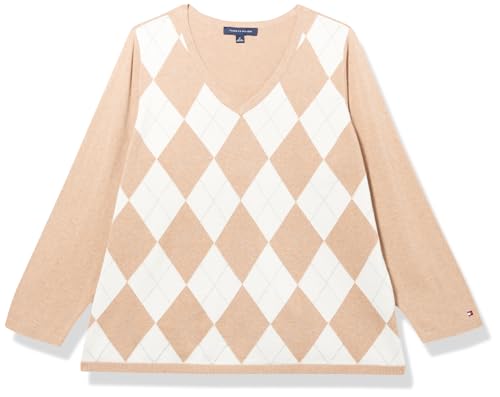 Tommy Hilfiger Damen V-Neck Sweater Pullover, Fawn Heather Multi, 2X von Tommy Hilfiger