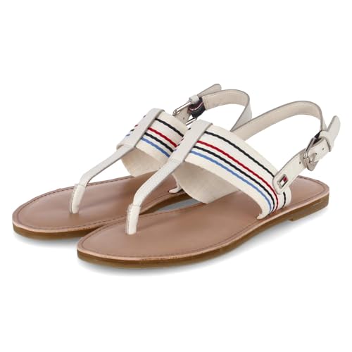 Tommy Hilfiger Damen Zehentrenner-Sandalen Flat Sandal Stripes Beige Glattleder-Textil, Größe:37, Farbauswahl:beige von Tommy Hilfiger