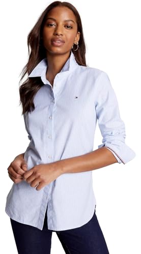 Tommy Hilfiger Damenhemd mit einfarbigem Knopfkragen und verstellbaren Ärmeln, (Kollektion 2024) Gestreift Seldom Blue/Bright White., X-Groß von Tommy Hilfiger