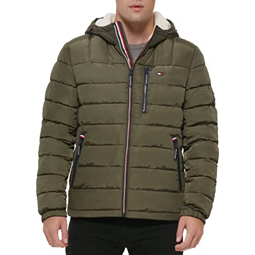 Tommy Hilfiger Herren Midweight Sherpa Lined Hooded Water Resistant Puffer Jacket Mantel, Olive Tech, M von Tommy Hilfiger