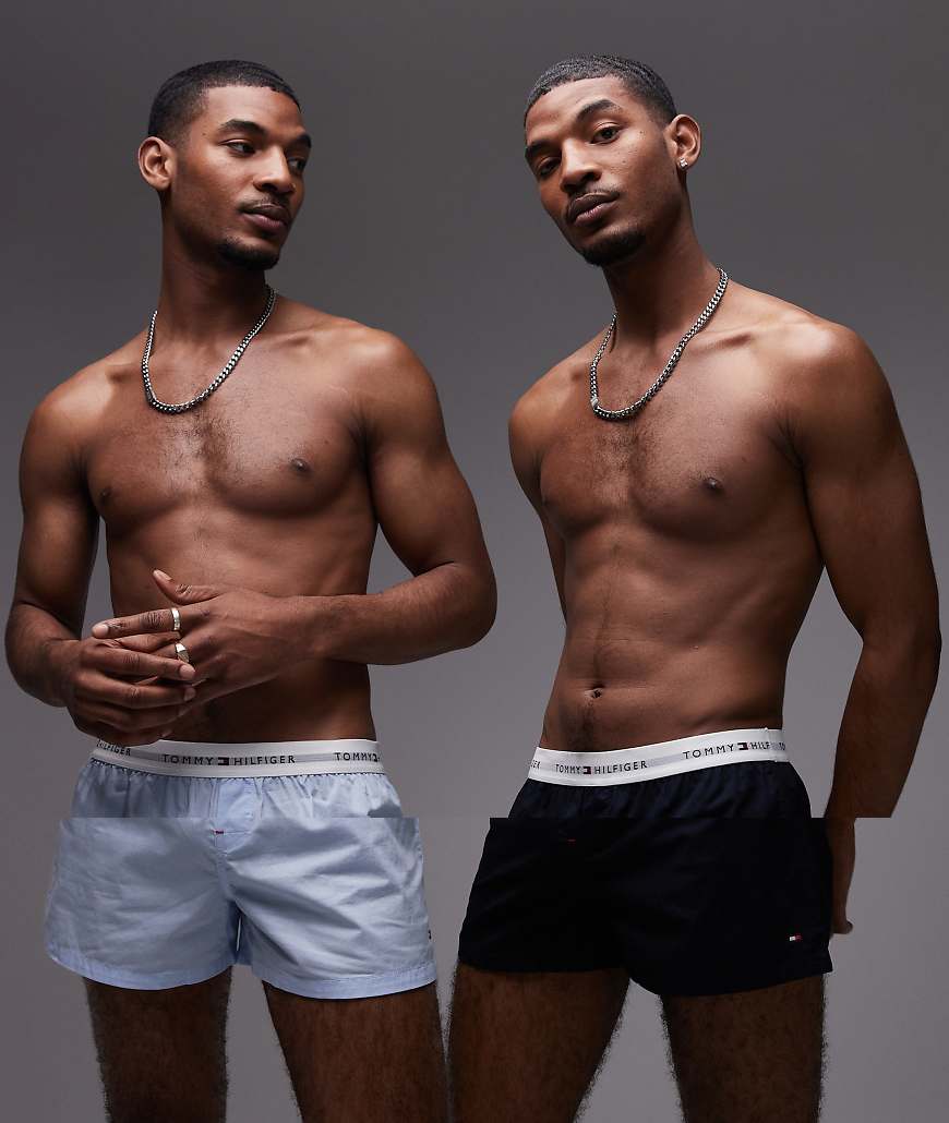 Tommy Hilfiger - Essentials - 2er-Pack gewebte Baumwoll-Boxershorts in Marineblau/Hellblau mit Signatur von Tommy Hilfiger