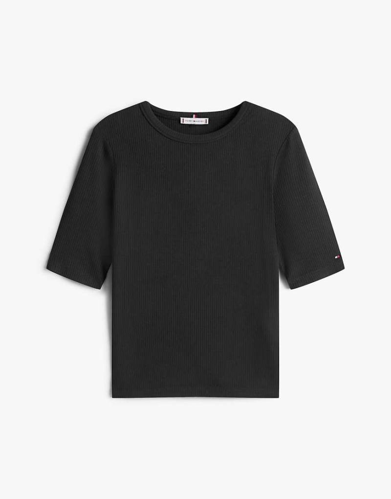 Tommy Hilfiger - Geripptes, mehrfarbiges Slim-Fit-T-Shirt mit halblangen Ärmeln-Schwarz von Tommy Hilfiger
