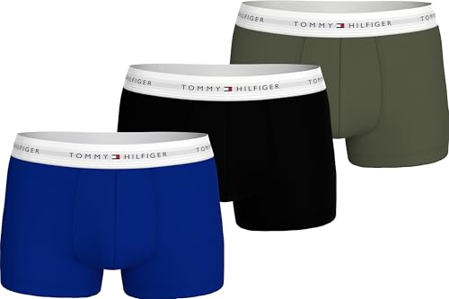 Tommy Hilfiger Herren 3er Pack Boxershorts Trunks mit Logobund, Mehrfarbig (WDG Blu/Blk/Utlty OLV), S-M von Tommy Hilfiger