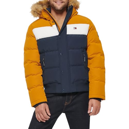 Tommy Hilfiger Herren Arctic Cloth Gesteppte Schnorchel-Bomberjacke, Gelb/Marineblau, XL von Tommy Hilfiger