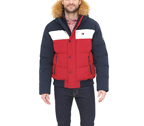 Tommy Hilfiger Herren Arctic Cloth Gesteppte Schnorchel-Bomberjacke Parka, Marineblau/Weiß/Rot, L von Tommy Hilfiger