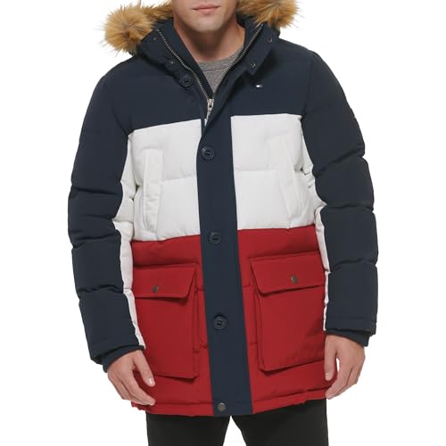 Tommy Hilfiger Herren Arctic Cloth Heavyweight Performance Parka Down Alternative Fur Lined Hood Outerwear Coat Daunenalternative Oberbekleidung, Marineblau/Weiß/Rot, XXL von Tommy Hilfiger