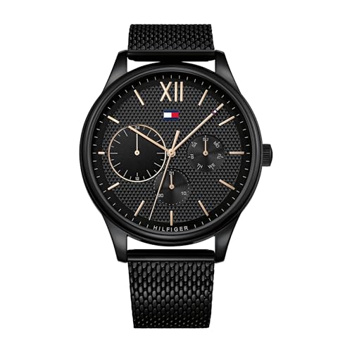 Tommy Hilfiger Herren-Multifunktions-Quarzuhr mit 44 mm - Schwarzes Zifferblatt mit Clou de Paris Muster, Schwarzes Edelstahl-Mesharmband, Wasserbeständig bis 5ATM - 1791420 von Tommy Hilfiger
