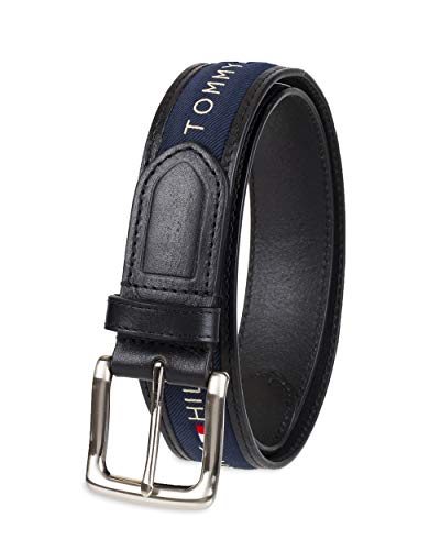 Tommy Hilfiger Herren Band Inlay Stoff einzelner Zinke Schnalle Gürtel, Schwarz/Marineblau, 38 von Tommy Hilfiger