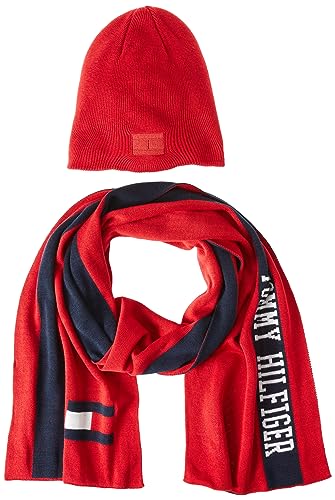 Tommy Hilfiger Herren Bestickte Flagge Logo Schal Set Beanie Mütze, Primary Red Multi, Einheitsgröße von Tommy Hilfiger