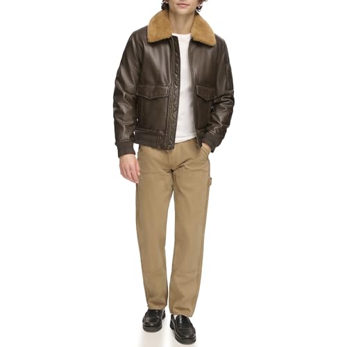 Tommy Hilfiger Herren-Bomberjacke aus Kunstleder, Dunkelbrauner Kunstfellkragen, L von Tommy Hilfiger