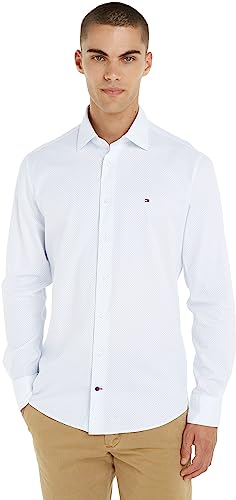 Tommy Hilfiger Herren Hemd Dobby Print Langarm, Mehrfarbig (White/Light Blue), 43W von Tommy Hilfiger