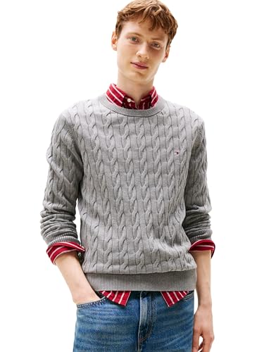Tommy Hilfiger Herren Leichter Zopfmuster und Rundhalsausschnitt Pullover, Mittelgrau meliert, X-Klein von Tommy Hilfiger