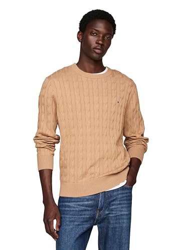 Tommy Hilfiger Herren Cable Knit Crewneck Sweater Lightweight Pullover, Safari Canvas, X-Klein von Tommy Hilfiger