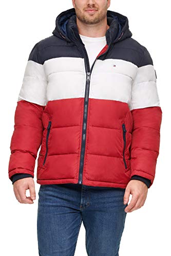Tommy Hilfiger Herren Pufferjacke mit Kapuze Daunenalternative, Mantel, Midnight/Ice/Red, X-Large Hoch von Tommy Hilfiger
