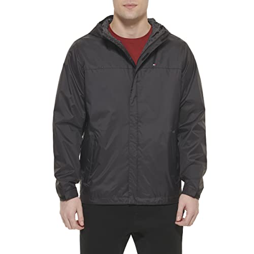 Tommy Hilfiger Herren wasserdichte, atmungsaktive Kapuzenjacke Regenmantel, schwarz, Large Hoch von Tommy Hilfiger