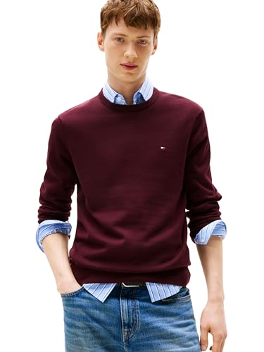 Tommy Hilfiger Herren Cotton Solid Crewneck Sweater Lightweight, Available in Big & Tall Pullover, Burgunderrot, Klein von Tommy Hilfiger